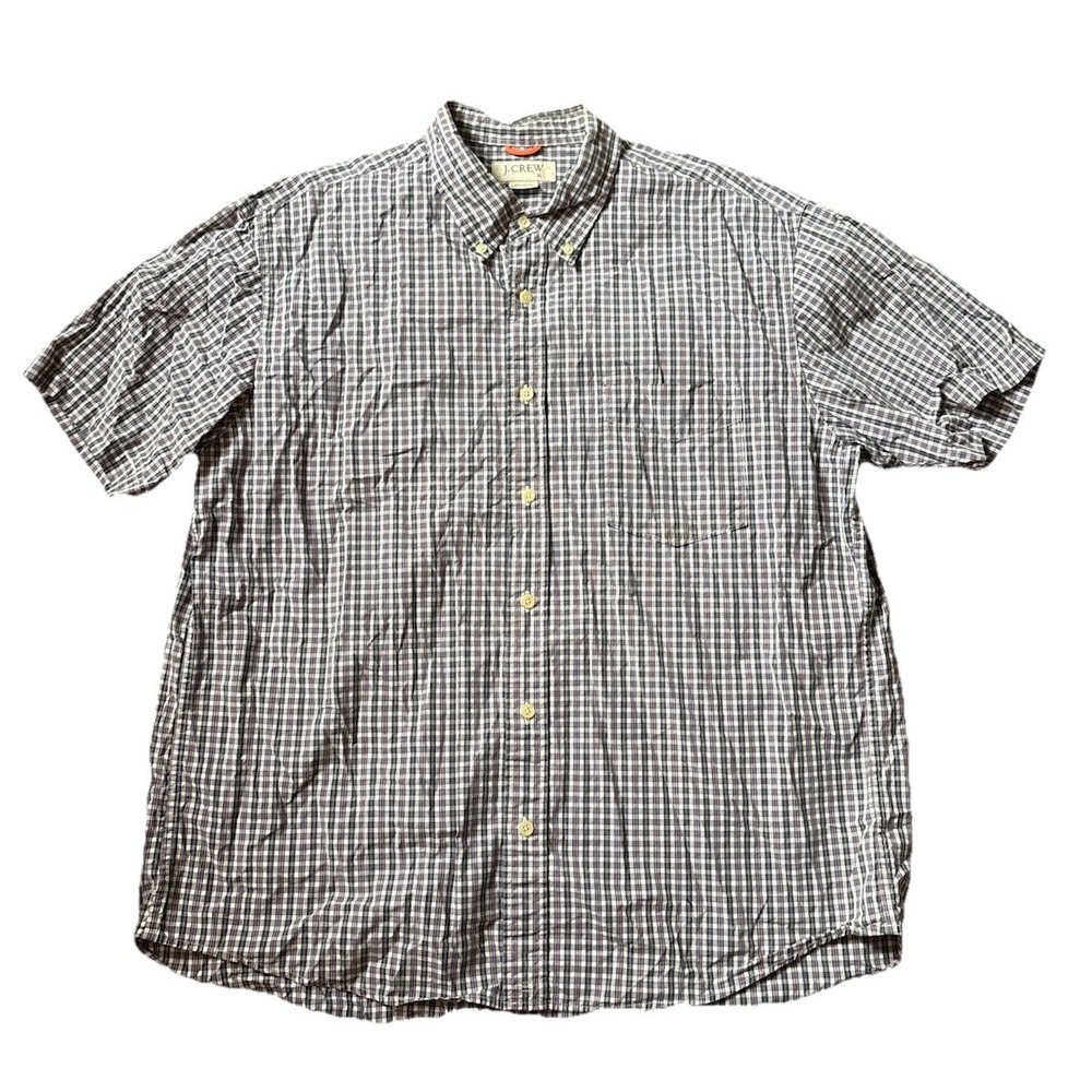 J Crew Shirt Mens XL Blue Button Down Plaid Cotton Short Sleeve
